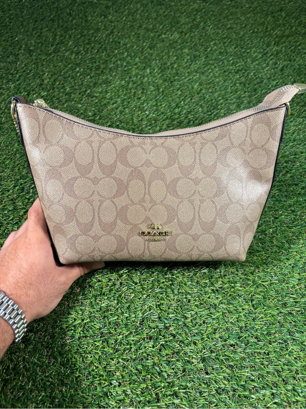 Coach Beige Signature Canvas Crescent Shoulder Bag with Gold Logo